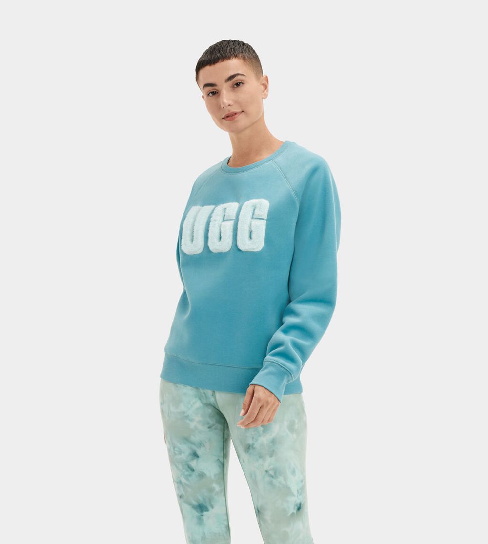 Ugg Madeline Fuzzy Logo Crewneck - Womens Sweatshirts - Blue - NZ (0326GDYLO)